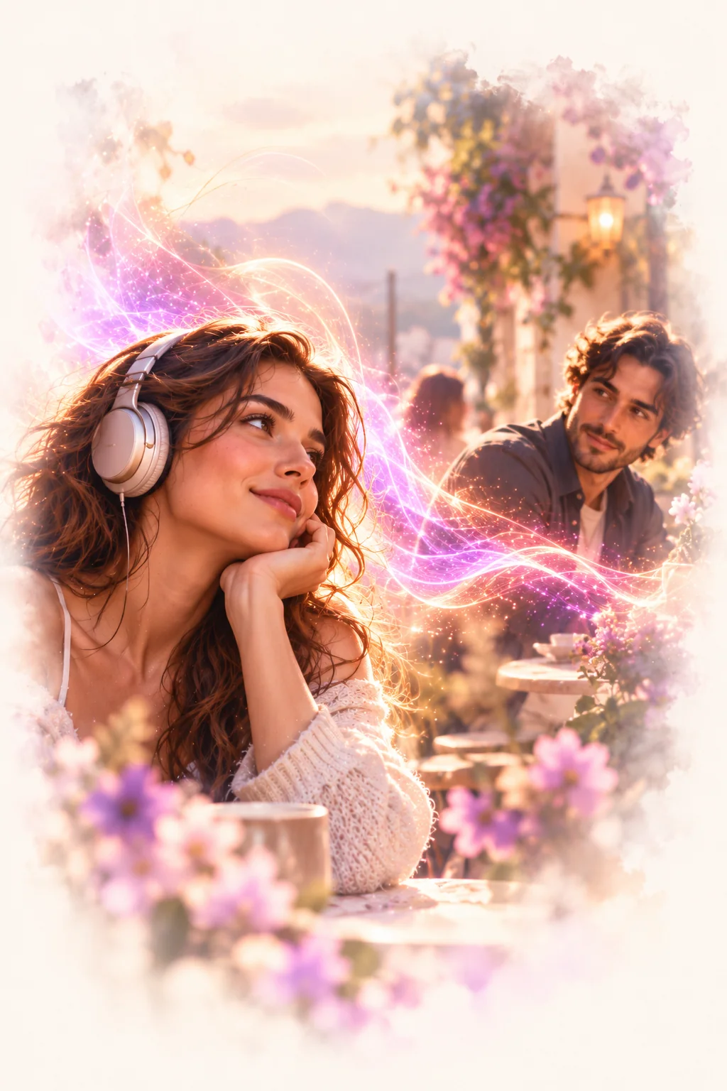 A woman listening to a voice introduction, with the person behind it just coming into view