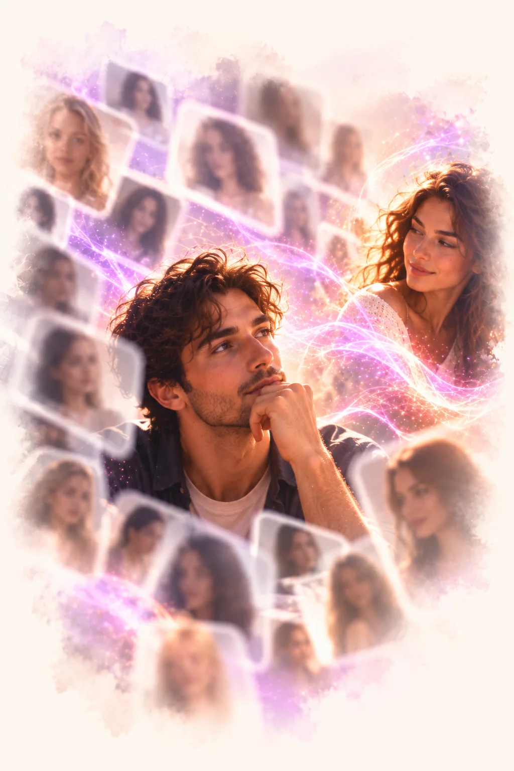 A man surrounded by blurred profiles, with one person becoming clear